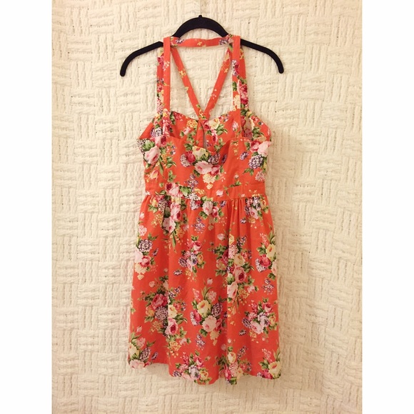 LF Strappy Floral Orange Mini Dress Strappy Medium - Picture 3 of 3